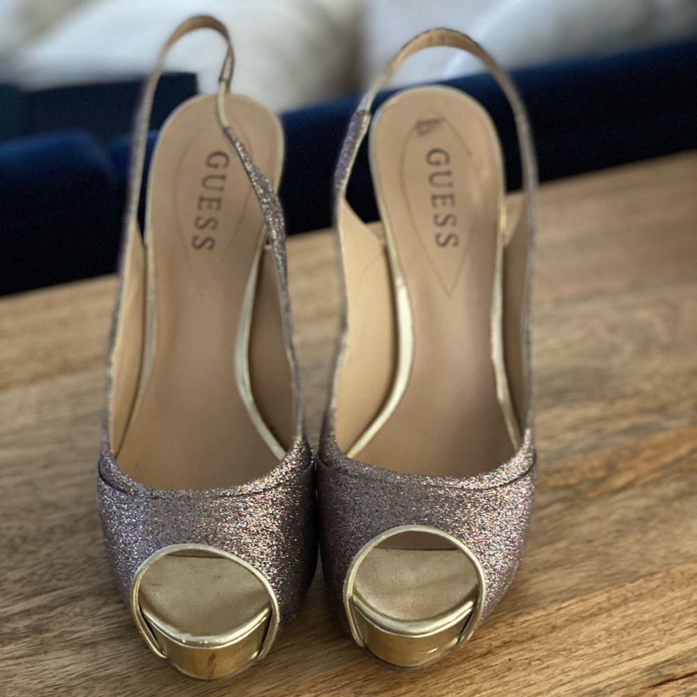 Guess Gold and Multicolor Glitter Slingback Heels Size 7